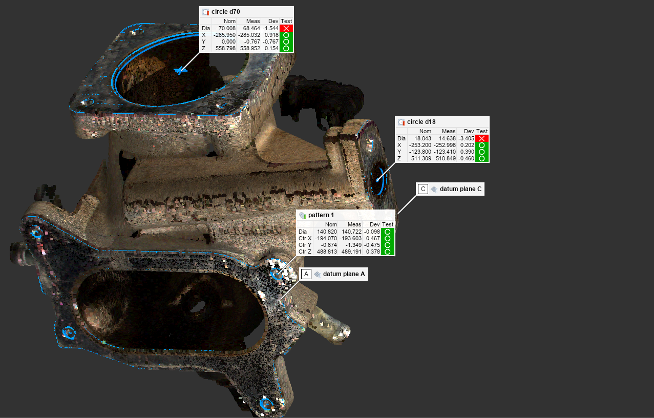 Machined casting scanned with a DepthScan 3D Imager on a robot and measured in PolyWorks, with datums and feature callouts
