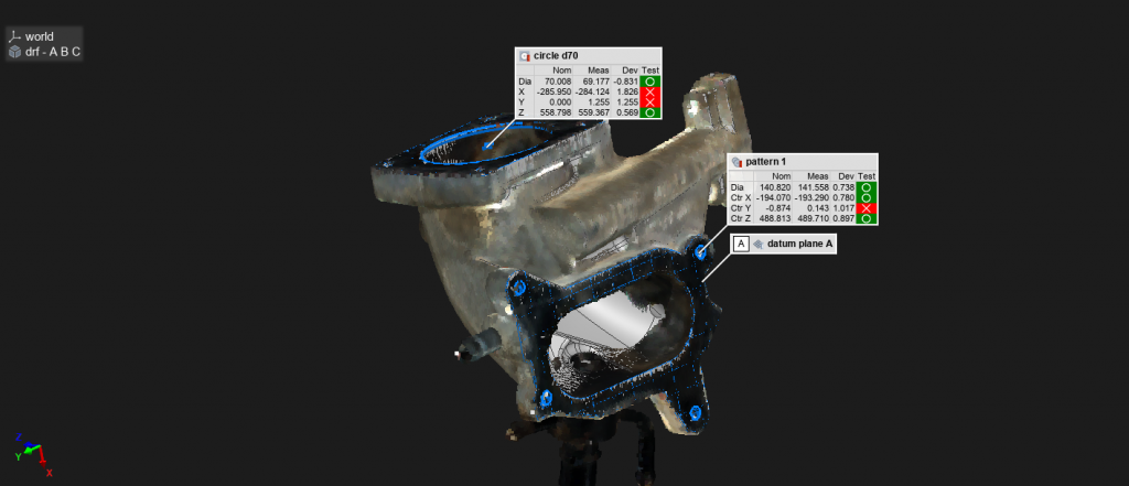 A throttle body captured by DepthScan and measured in PolyWorks, with nominal, measured and deviation shown for each control