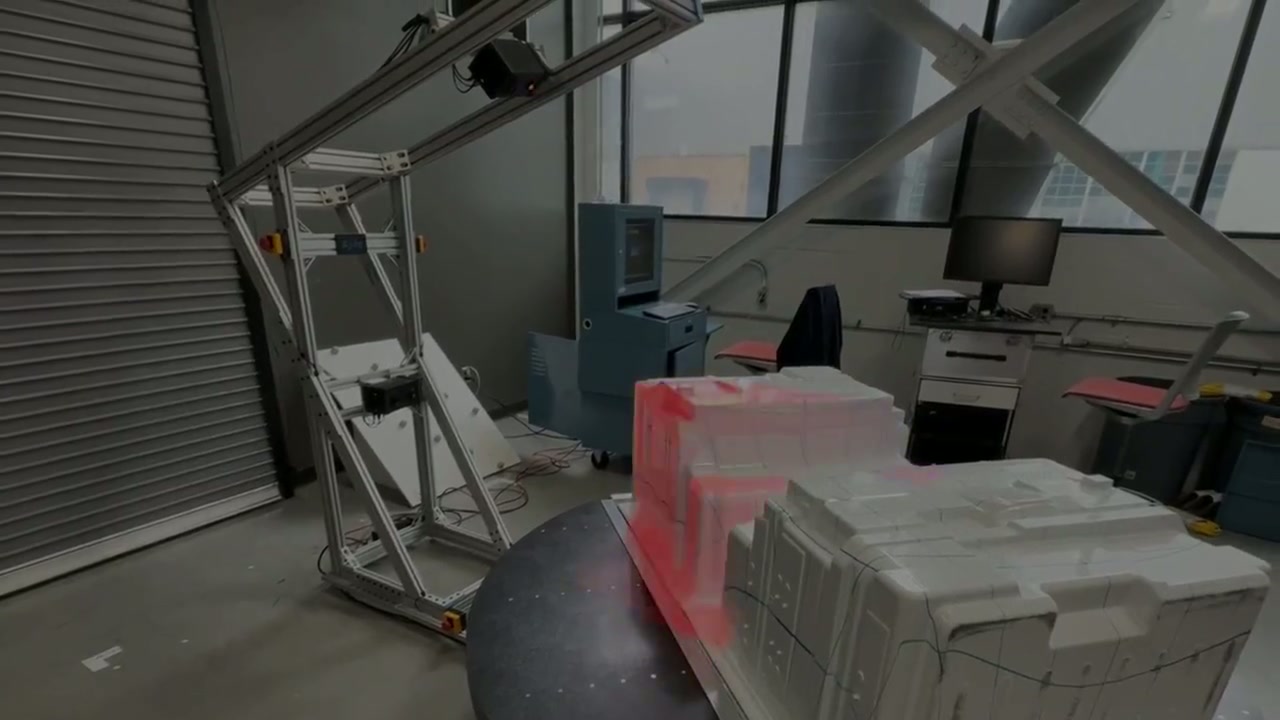 DepthScan turntable scanning a thermoformed liner with structured-light pattern visible