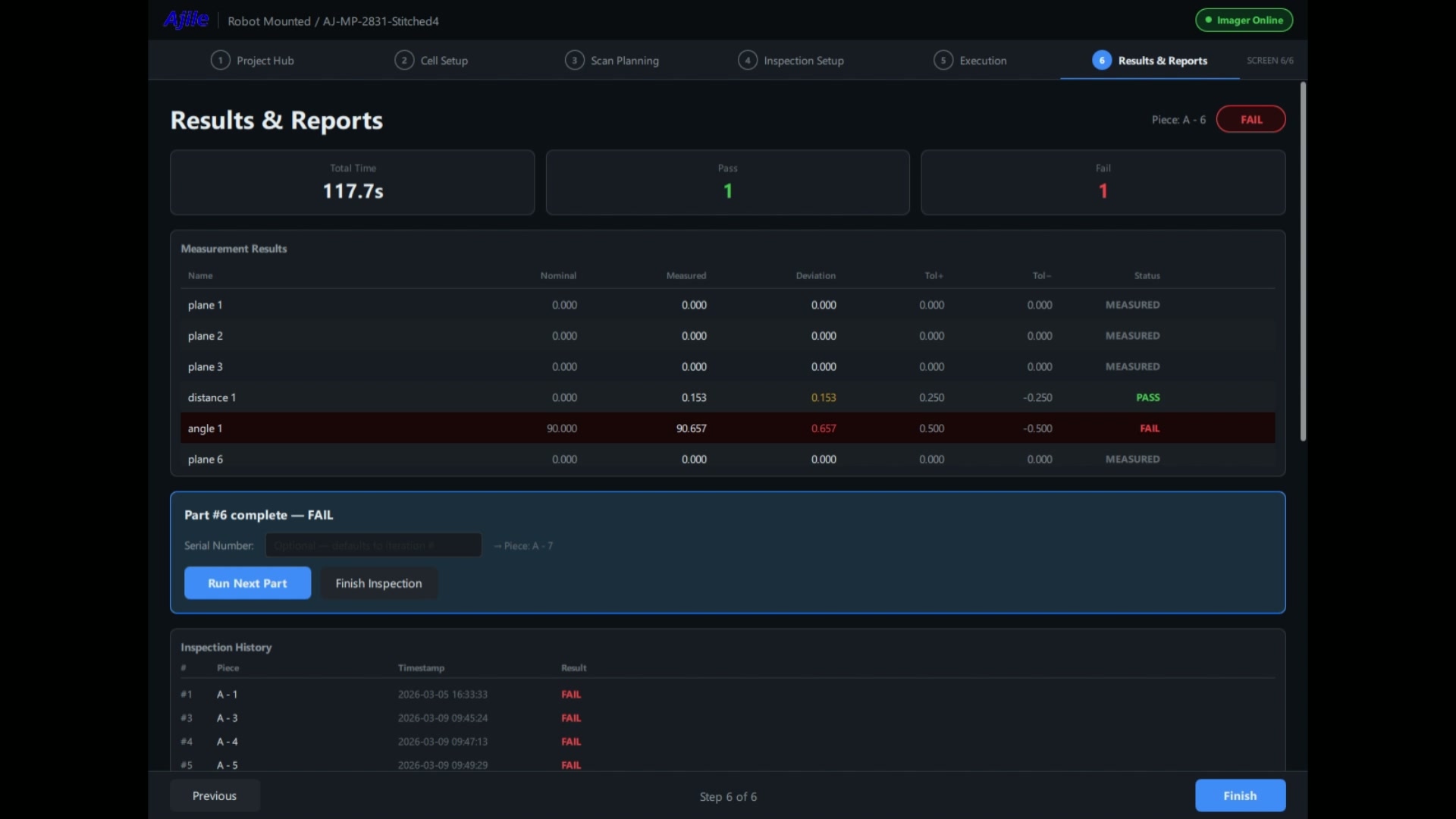 Execution Mode results dashboard - per-measurement pass/fail with serial-number tracking