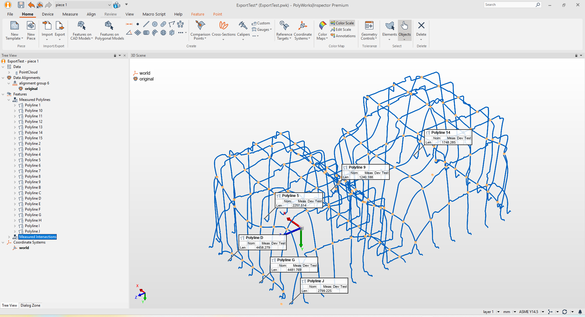Setup mode - PolyWorks Inspector with measurement features defined